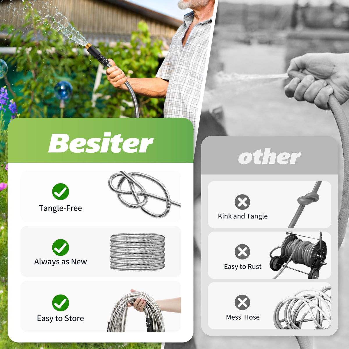 Besiter multiuse hose attachments support garden tasks, RV hookups, and pet washing.