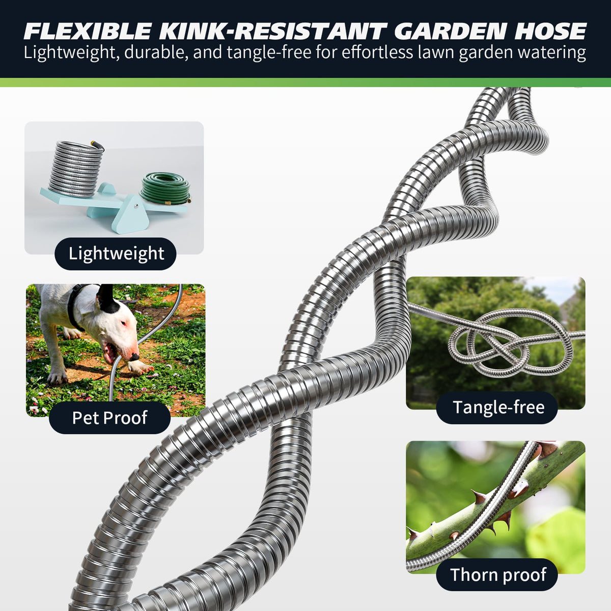 Besiter stainless steel braided hose resists twists for tidy yard maintenance.