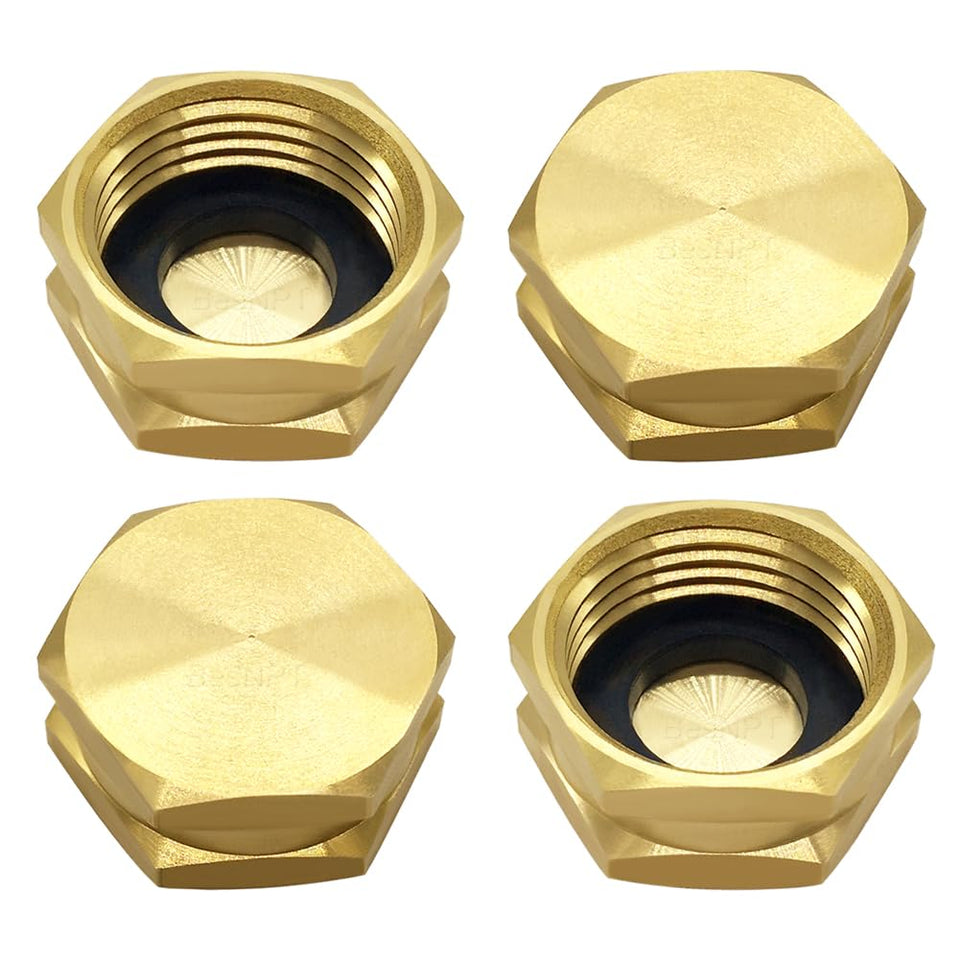 BesNPT brass 3/4 inch GHT end cap with washer for a secure, leak-free hose connection.