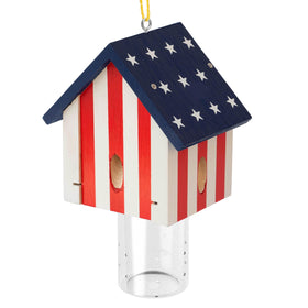 Best Bee Trap outside hanging in flag cabin style protects wood.