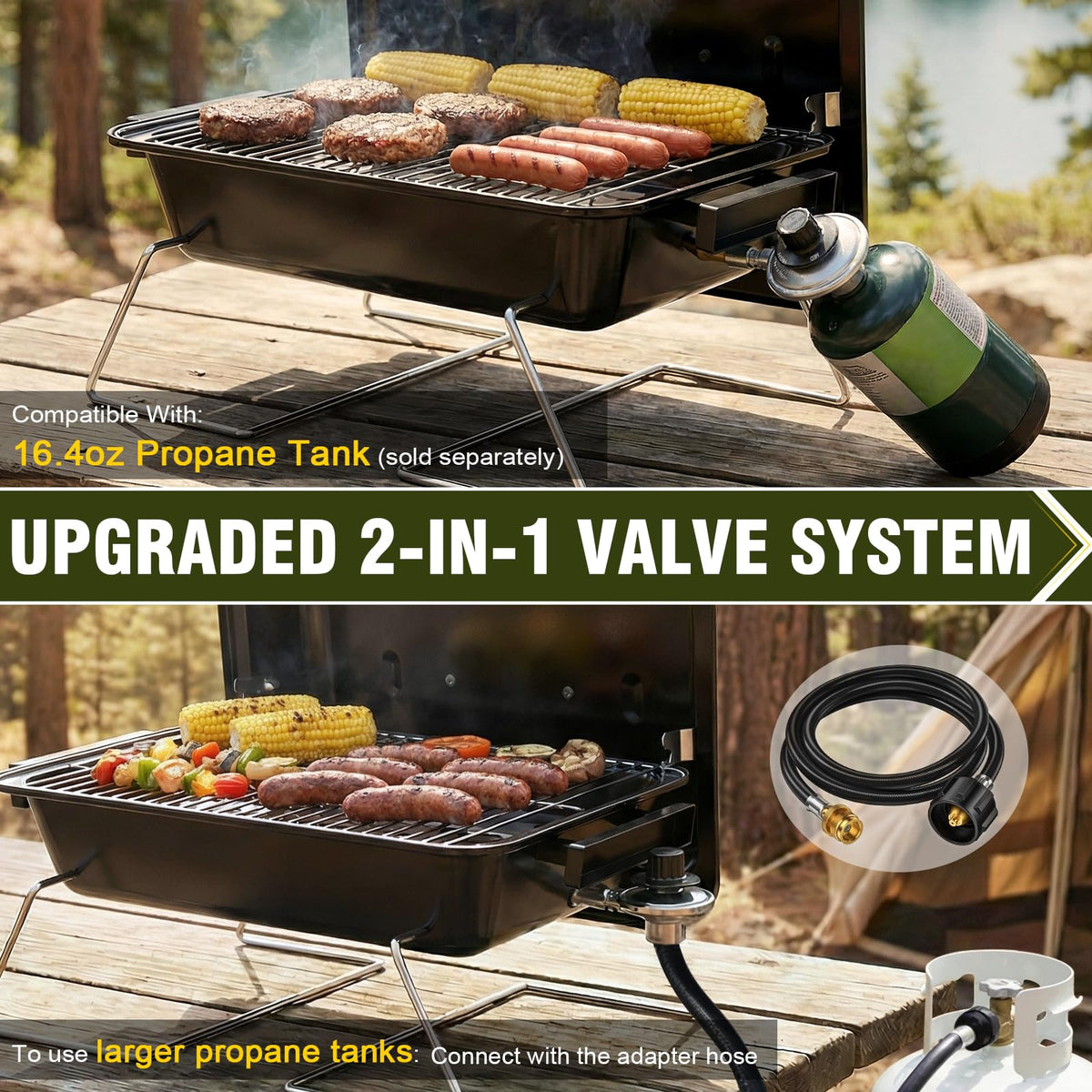 BESTFIRE portable grill demonstrating compatibility with a large LPG tank for extended cooking.