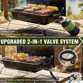 BESTFIRE portable grill demonstrating compatibility with a large LPG tank for extended cooking.