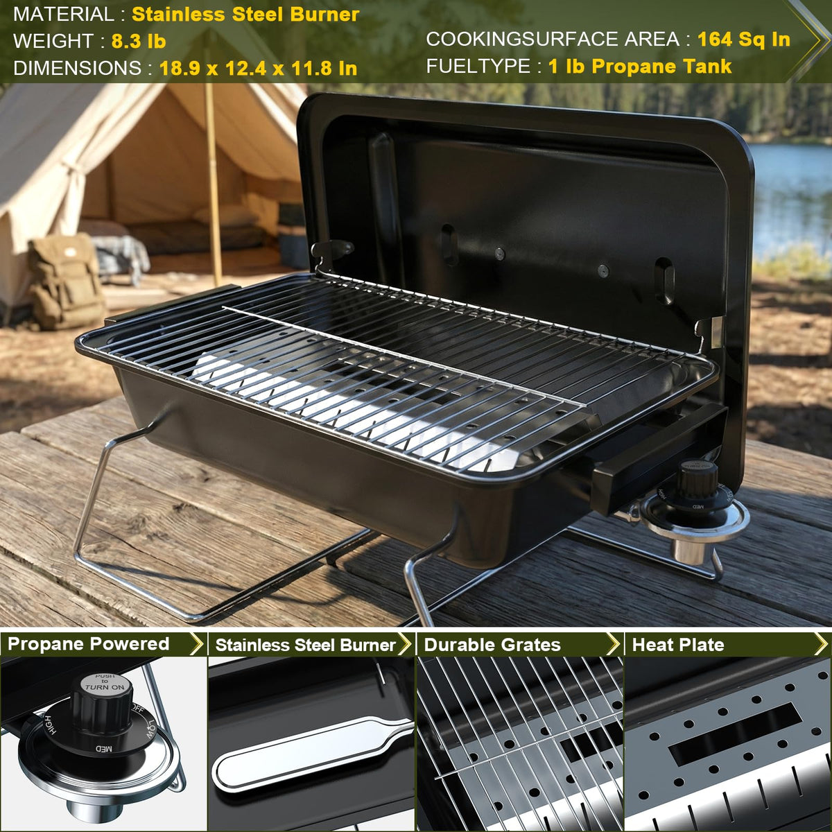 BESTFIRE portable grill demonstrating compatibility with a small cylinder for compact trips.