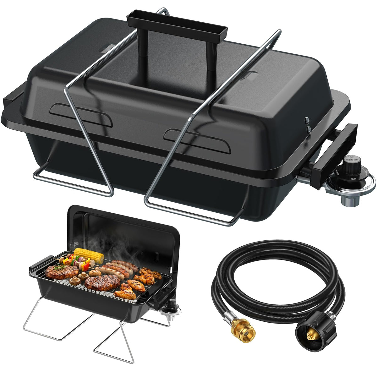 BESTFIRE portable grill showing the two-in-one valve for versatile fuel options.