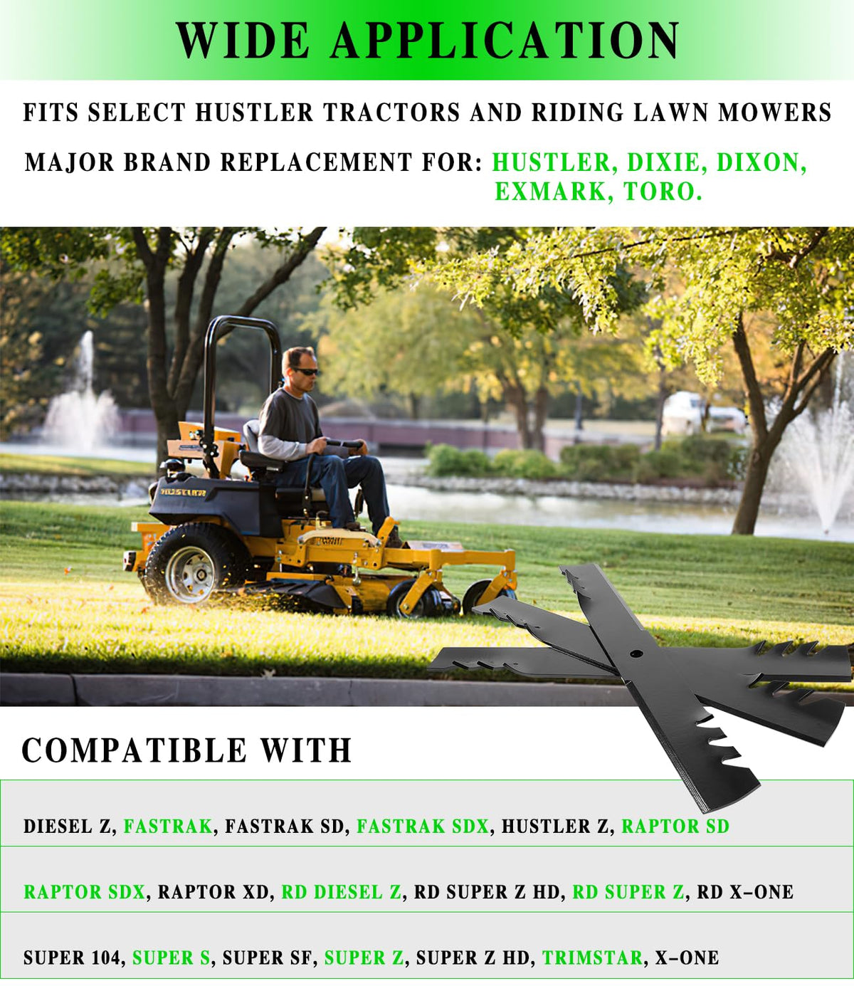 Besttruck G3 Gator blades compatible with Hustler tractors for reliable mowing