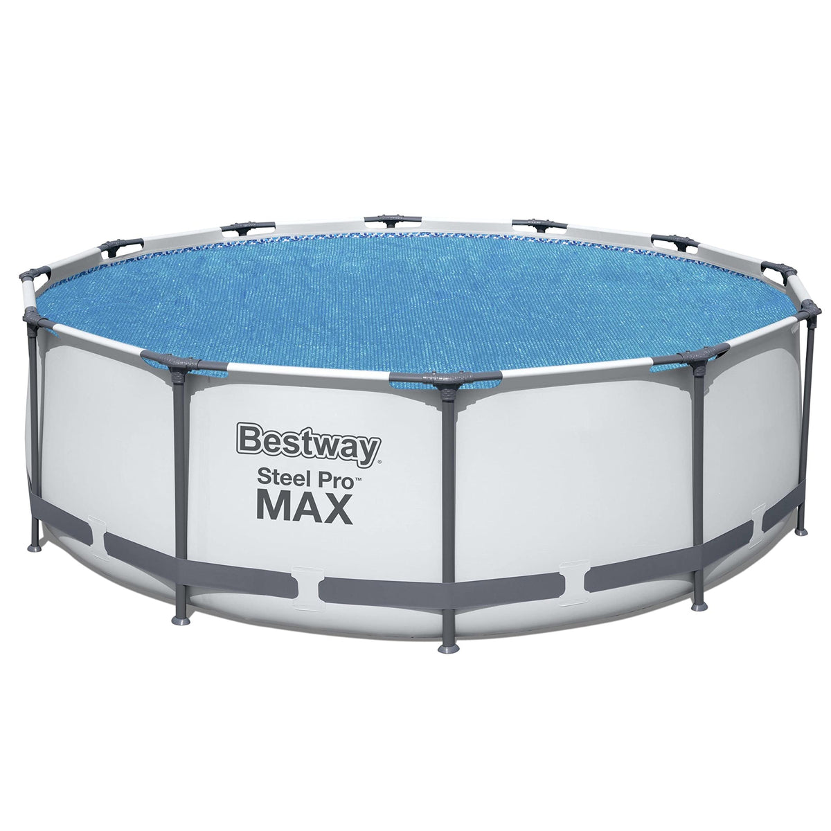 Bestway FlowClear 12ft solar cover on water surface for heat retention.