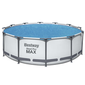 Bestway FlowClear 12ft solar cover on water surface for heat retention.