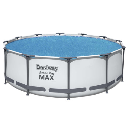 Bestway FlowClear 12ft solar cover on water surface for heat retention.