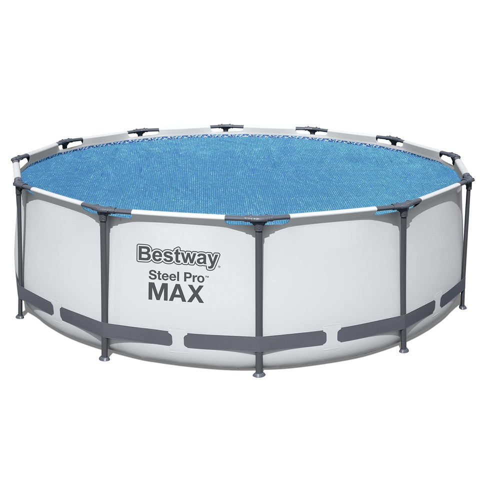 Bestway FlowClear 12ft solar cover on water surface for heat retention.