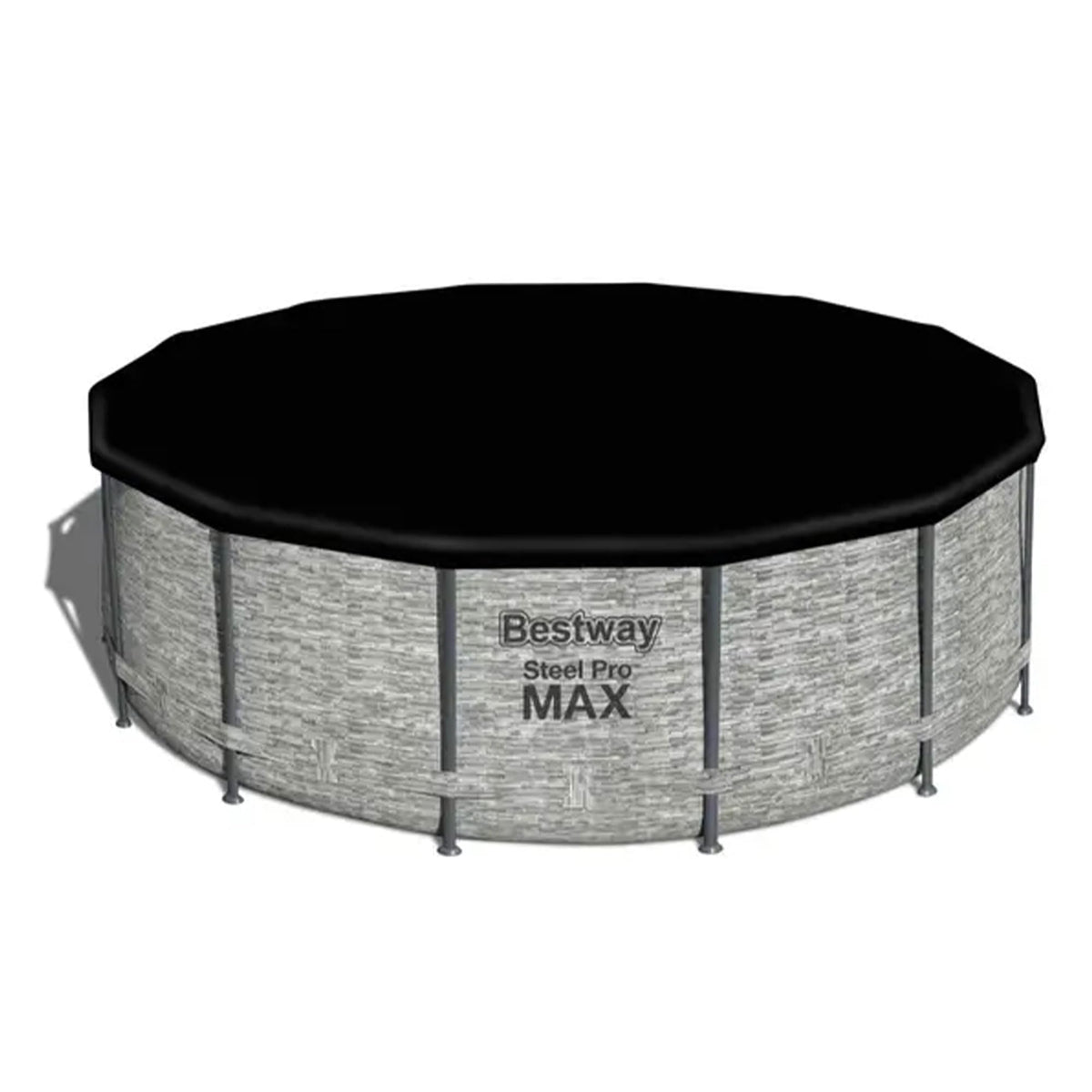 Bestway Flowclear 14ft round pool cover on a frame pool blocking debris