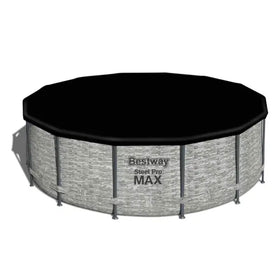 Bestway Flowclear 14ft round pool cover on a frame pool blocking debris