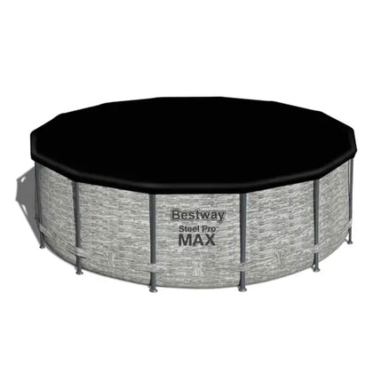 Bestway Flowclear 14ft round pool cover on a frame pool blocking debris