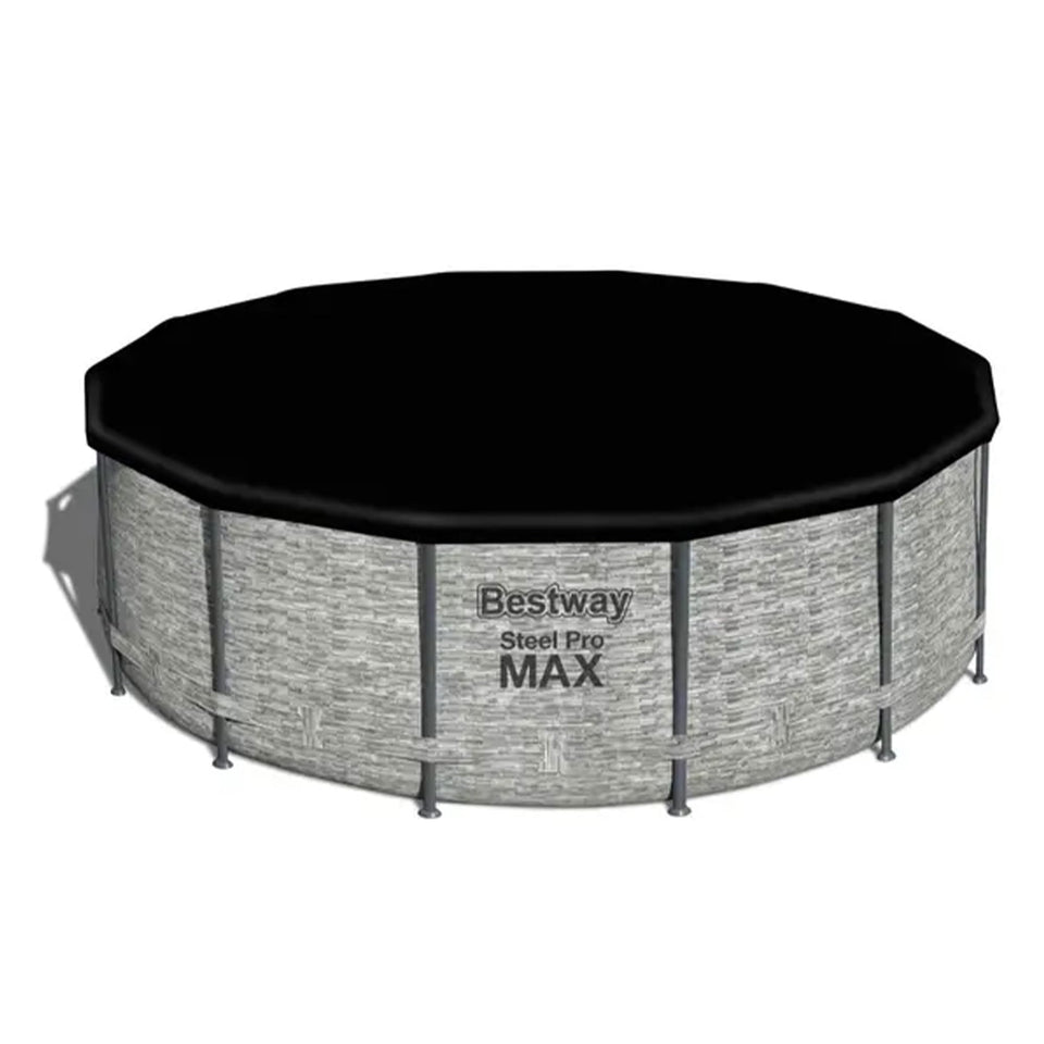 Bestway Flowclear 14ft round pool cover on a frame pool blocking debris