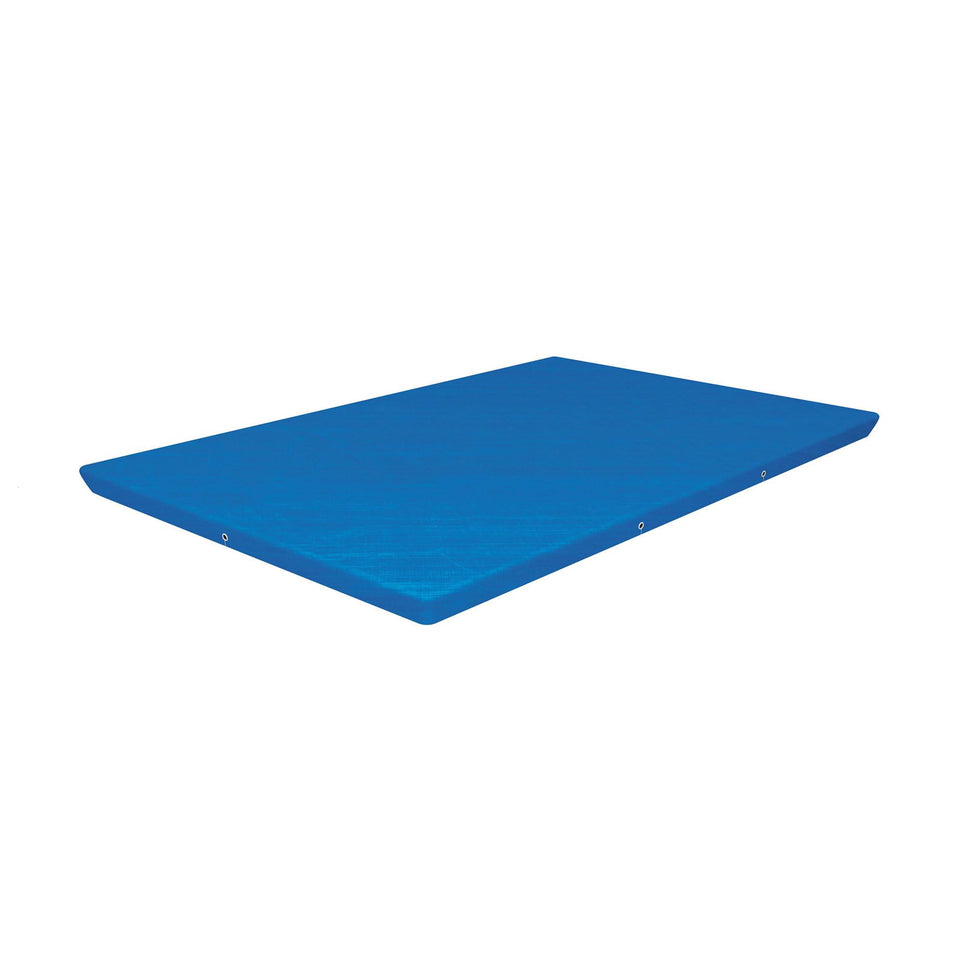 Bestway FlowClear rectangular pool cover in blue protecting debris from a 9'10" x 6'7" above-ground pool