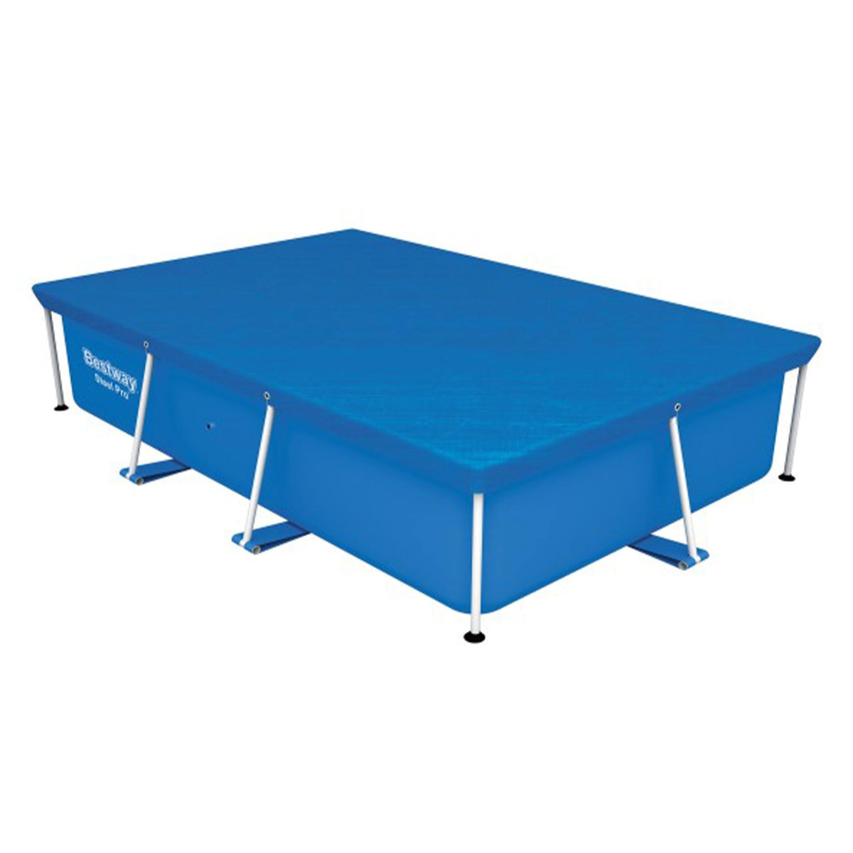Easy setup image of Bestway FlowClear rectangular pool cover in blue