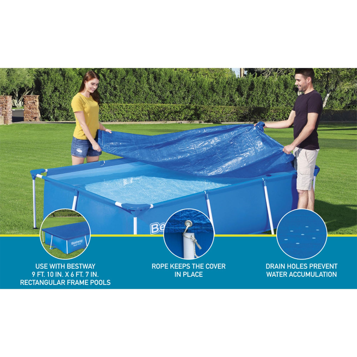 Ropes included with Bestway FlowClear rectangular cover securing it over the pool
