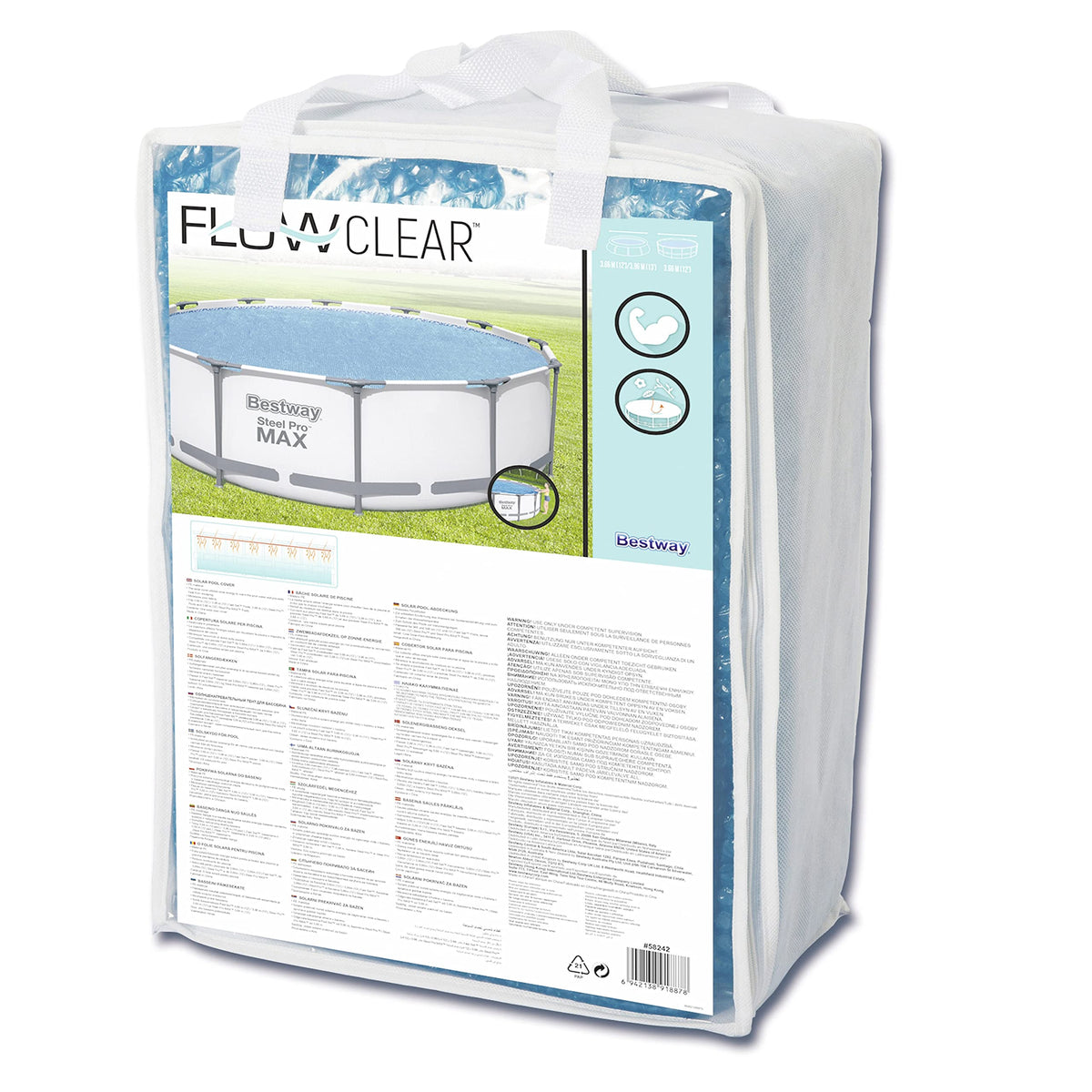 Bestway FlowClear solar cover blocks debris while warming pool water.