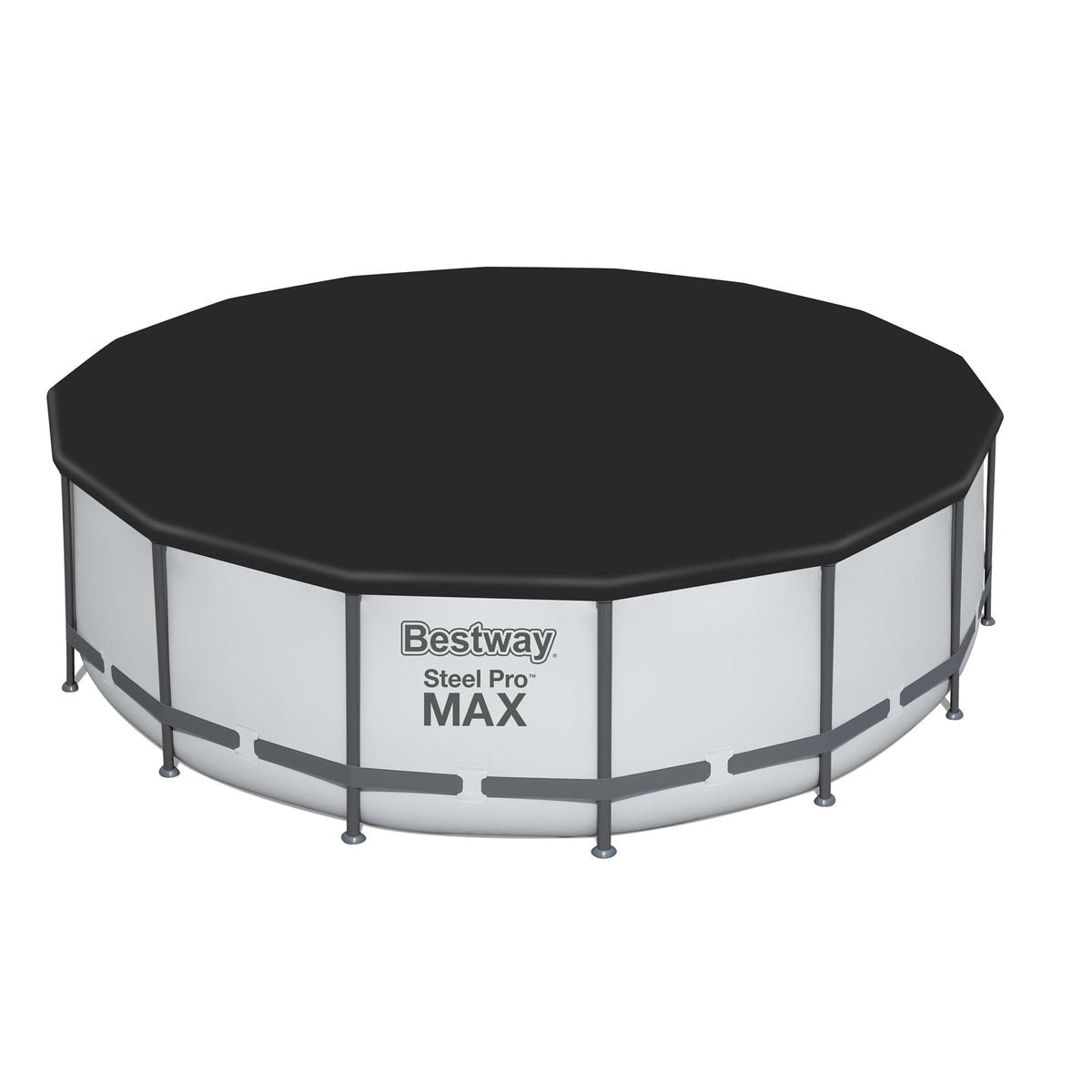 Black Bestway pool cover blends with outdoors while protecting the pool area.