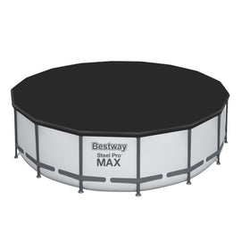 Black Bestway pool cover blends with outdoors while protecting the pool area.