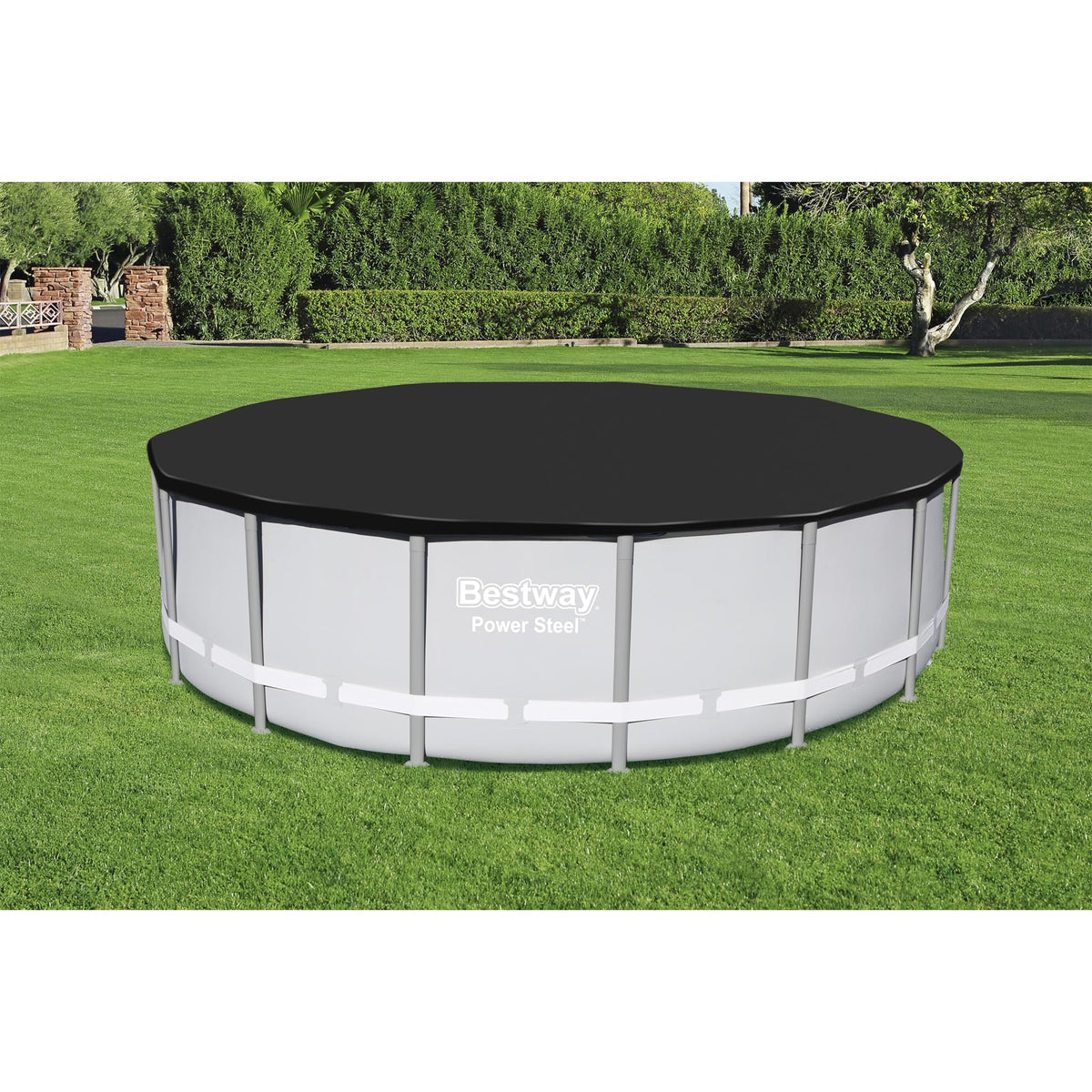 Bestway 16-foot pool cover with drain holes prevents water pooling on the surface.