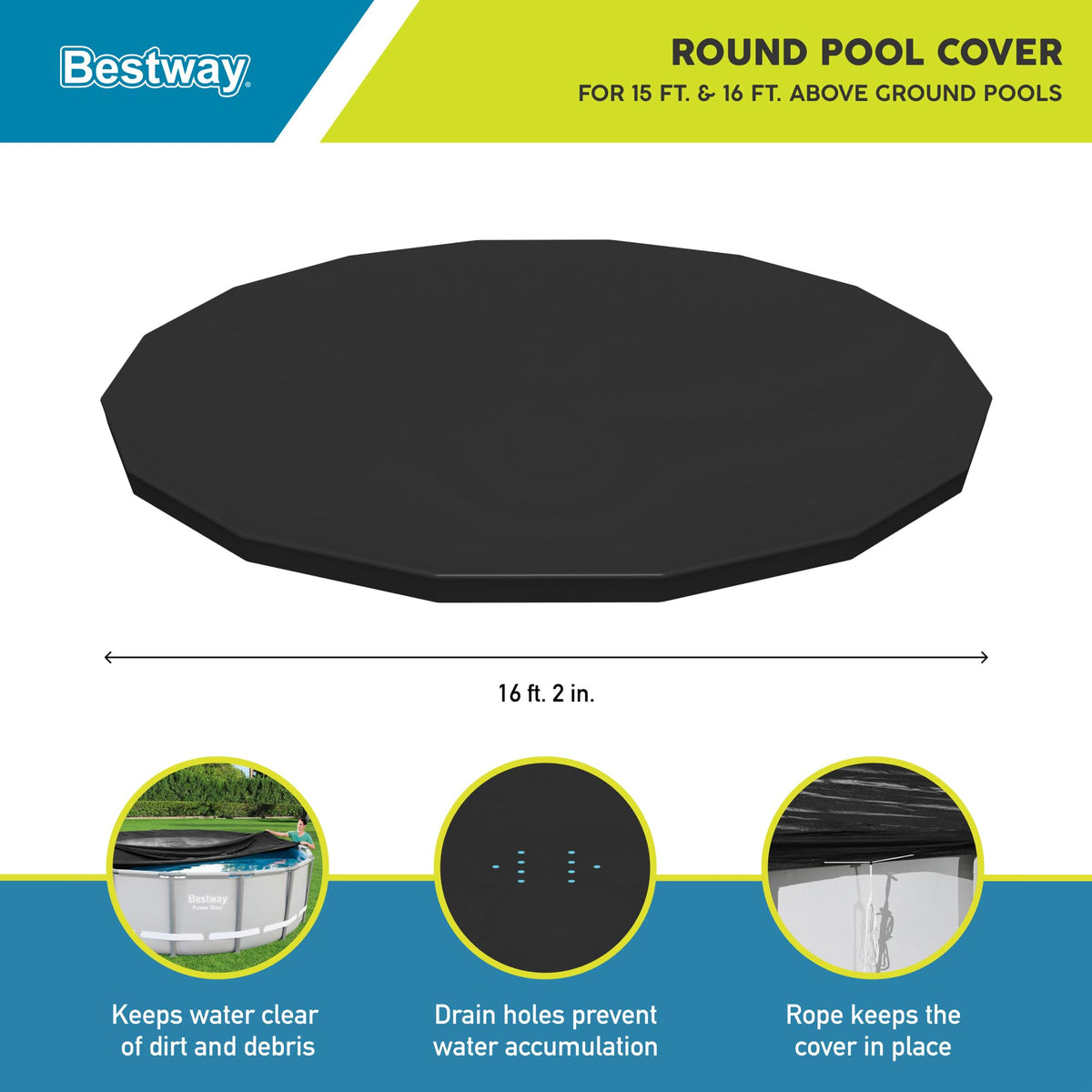 Bestway round PVC cover for 16-foot pools uses durable material for long-lasting outdoor protection.