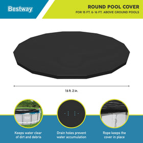 Bestway round PVC cover for 16-foot pools uses durable material for long-lasting outdoor protection.