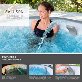 Bestway SaluSpa battery-powered LED unit provides cordless setup beside the tub.