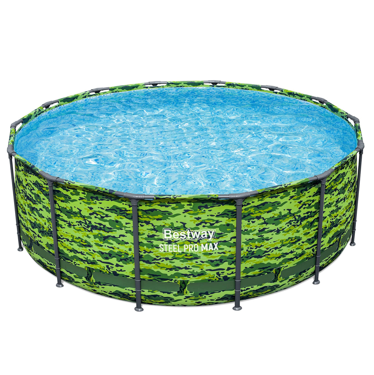 Bestway Steel Pro Max 14x48 camo exterior pool design boosts backyard style and durability.