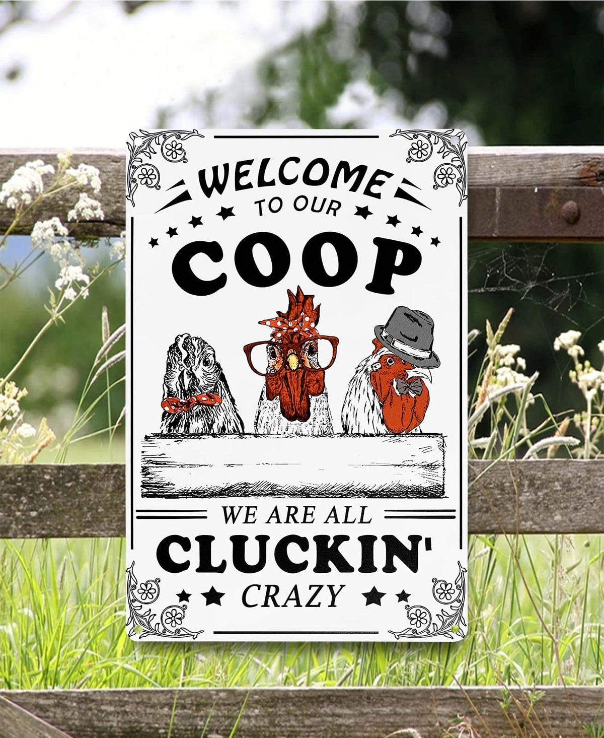 Bestylez Farmhouse chicken sign enhances rustic decor on sheds, fences, or gardens.