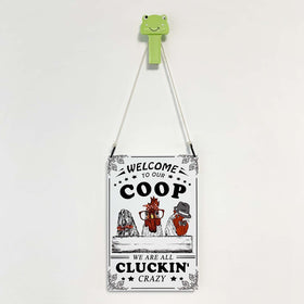 Bestylez Welcome To Our Coop sign rustic wooden plank backdrop complements farmyard decor.