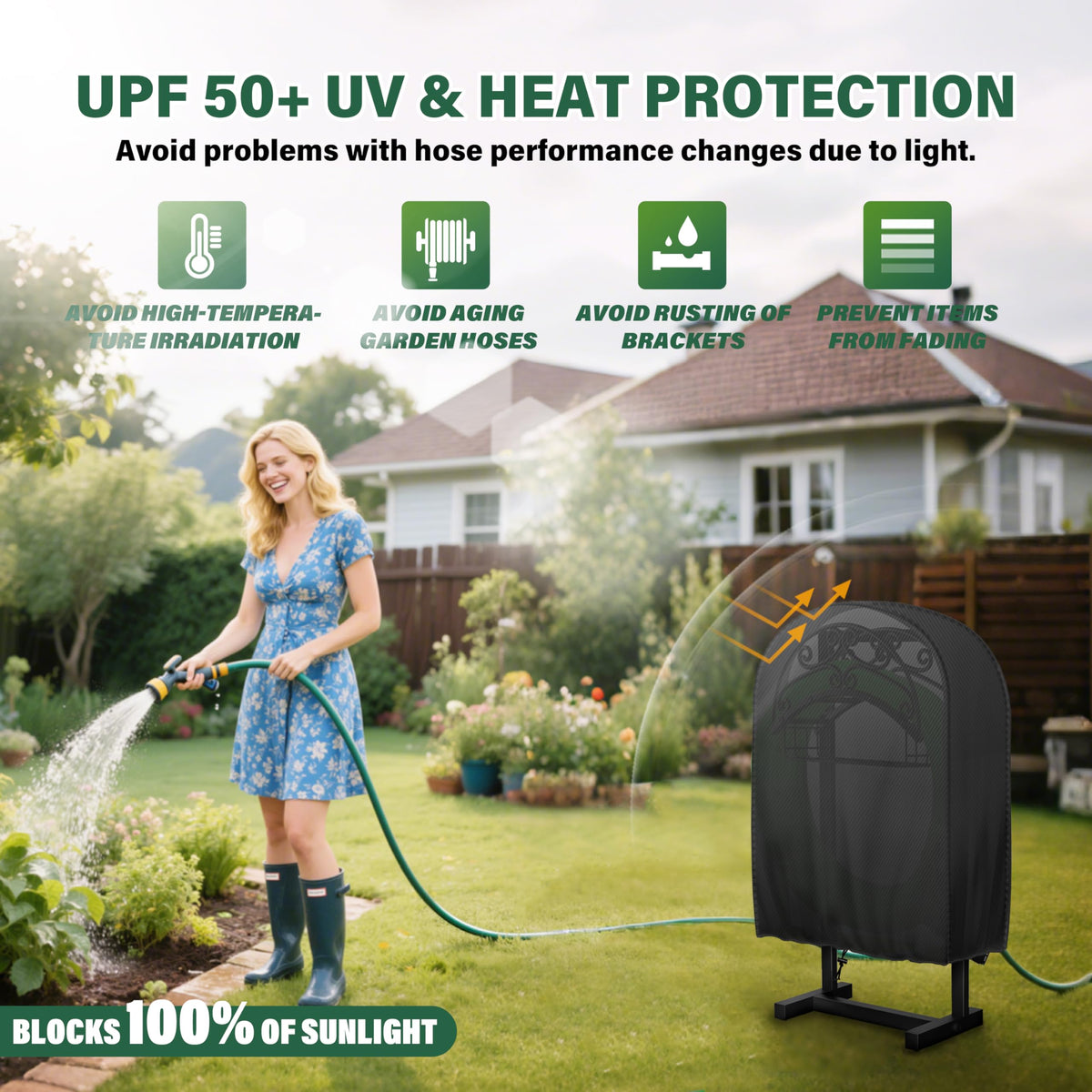 Bethshaya cover installed on a garden hose reel simplifies outdoor setup.