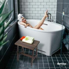 BETSEO Acacia wood makeup stool, smooth surface for grooming routines.
