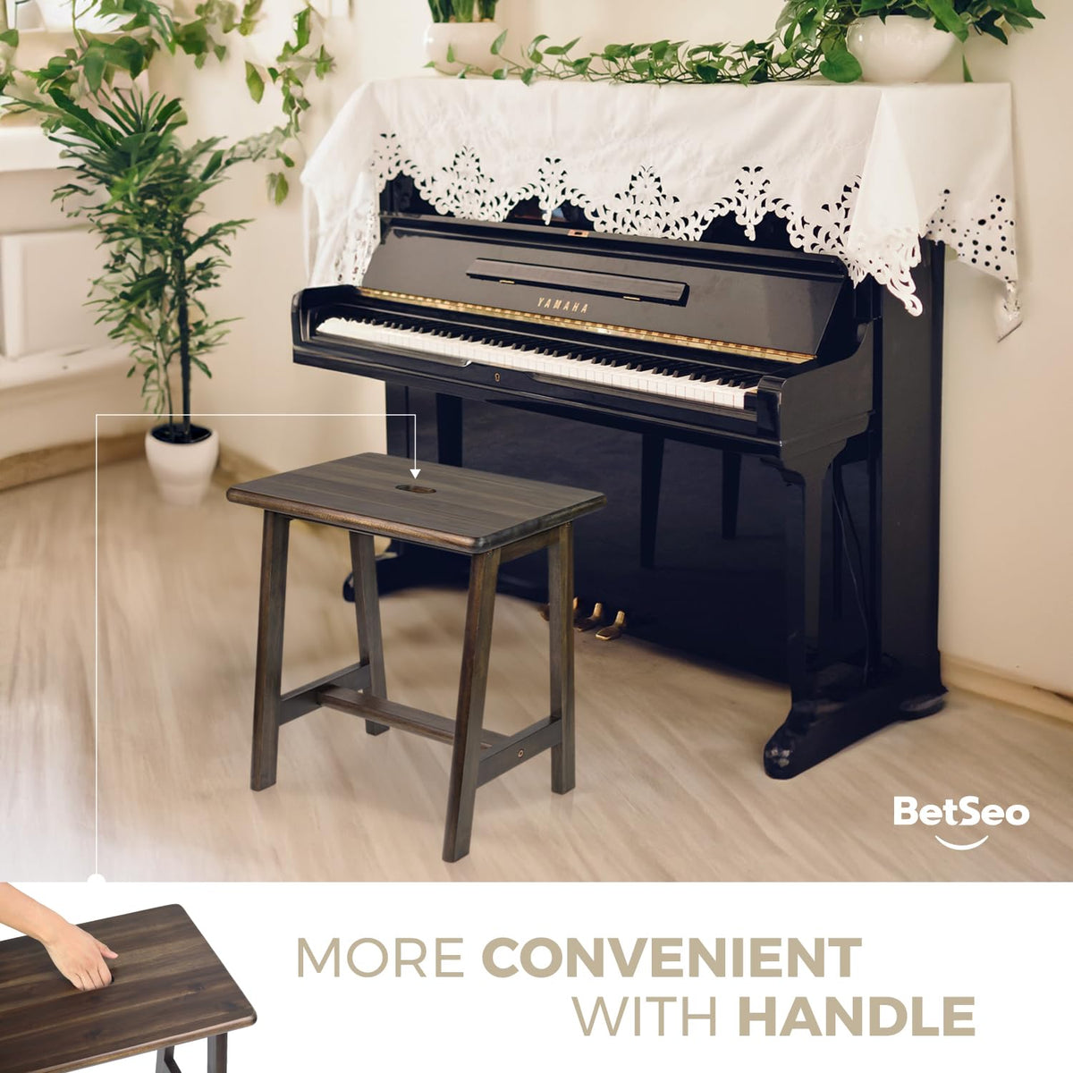 BETSEO Acacia wood stool with moisture-friendly finish, suitable for indoor-outdoor use.