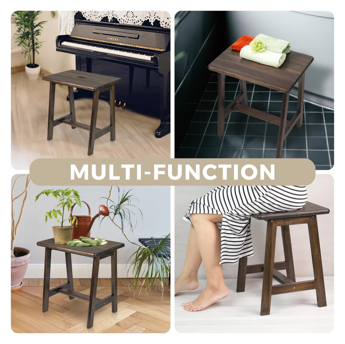 BETSEO Acacia wood plant stand stool, stable surface supports potted greenery.