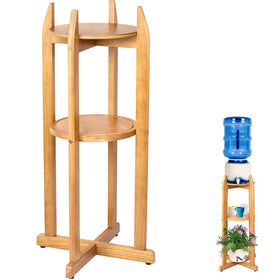 BETSEO natural solid wood water dispenser floor stand with two round shelves for organized hydration at home