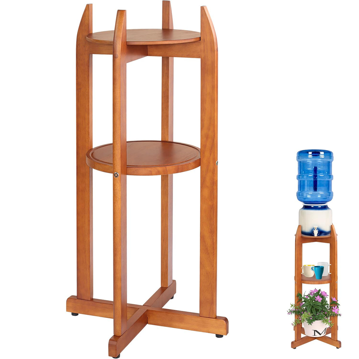 BETSEO natural solid wood water dispenser floor stand shown with two shelves ready for 1–5 gallon bottles