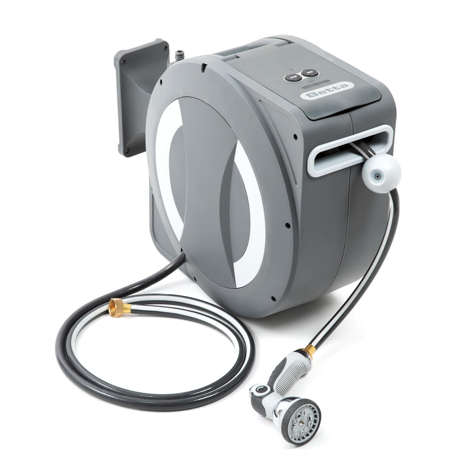 Betta EaseReel wall-mounted hose reel with 180° swivel for full-yard reach