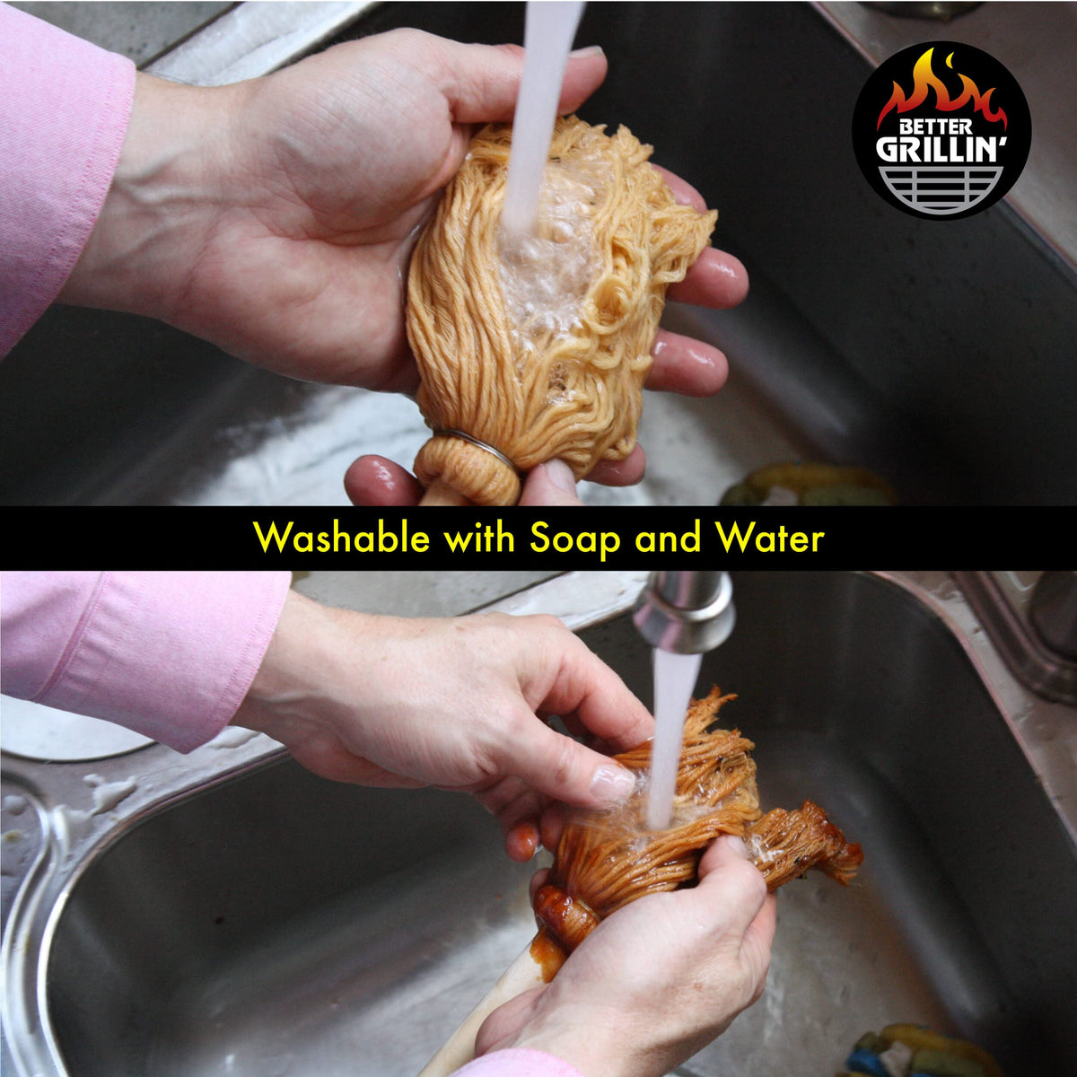 Better Grillin Bastin Mop in use on hot grill for saucing.