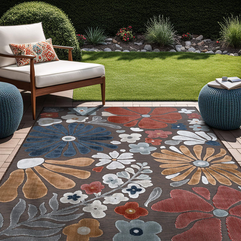 Beverly Rug 5x7 terracotta floral for outdoor indoor use, durable and easy to clean.