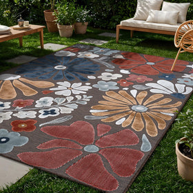 Beverly Rug beach deck floral design resists sun and dirt outdoors.