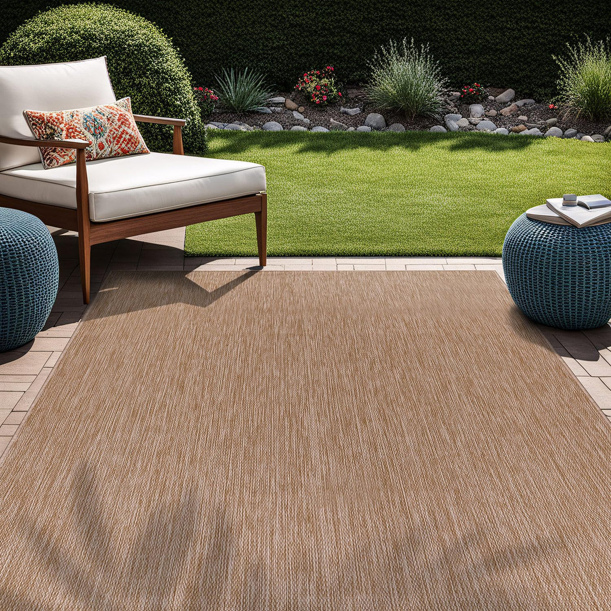 Beverly Rug modern bordered outdoor rug complements any patio or porch.