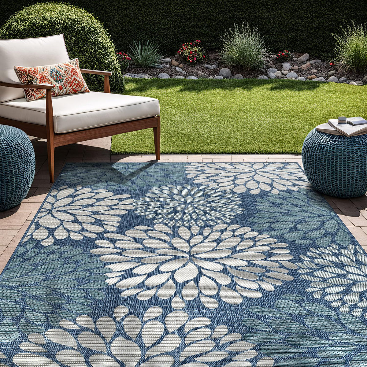 Beverly Rug outdoor rug 5x7 blue for patios, weather-resistant and easy to clean.