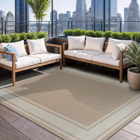 Beverly Rug outdoor rug 6x9 beige border, moisture-resistant and easy to clean.
