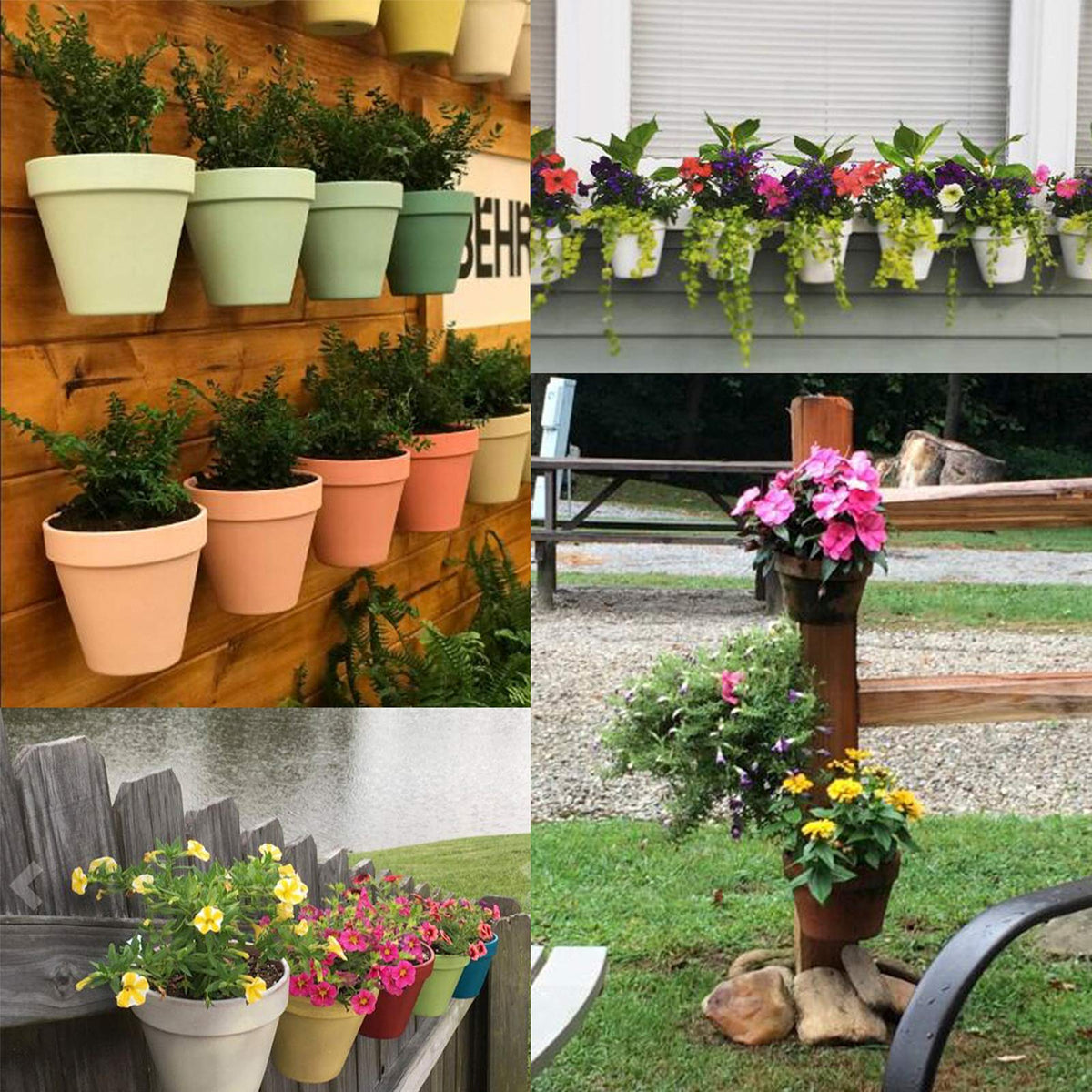 Beviever four-pack plant brackets stabilizing pots on fences.