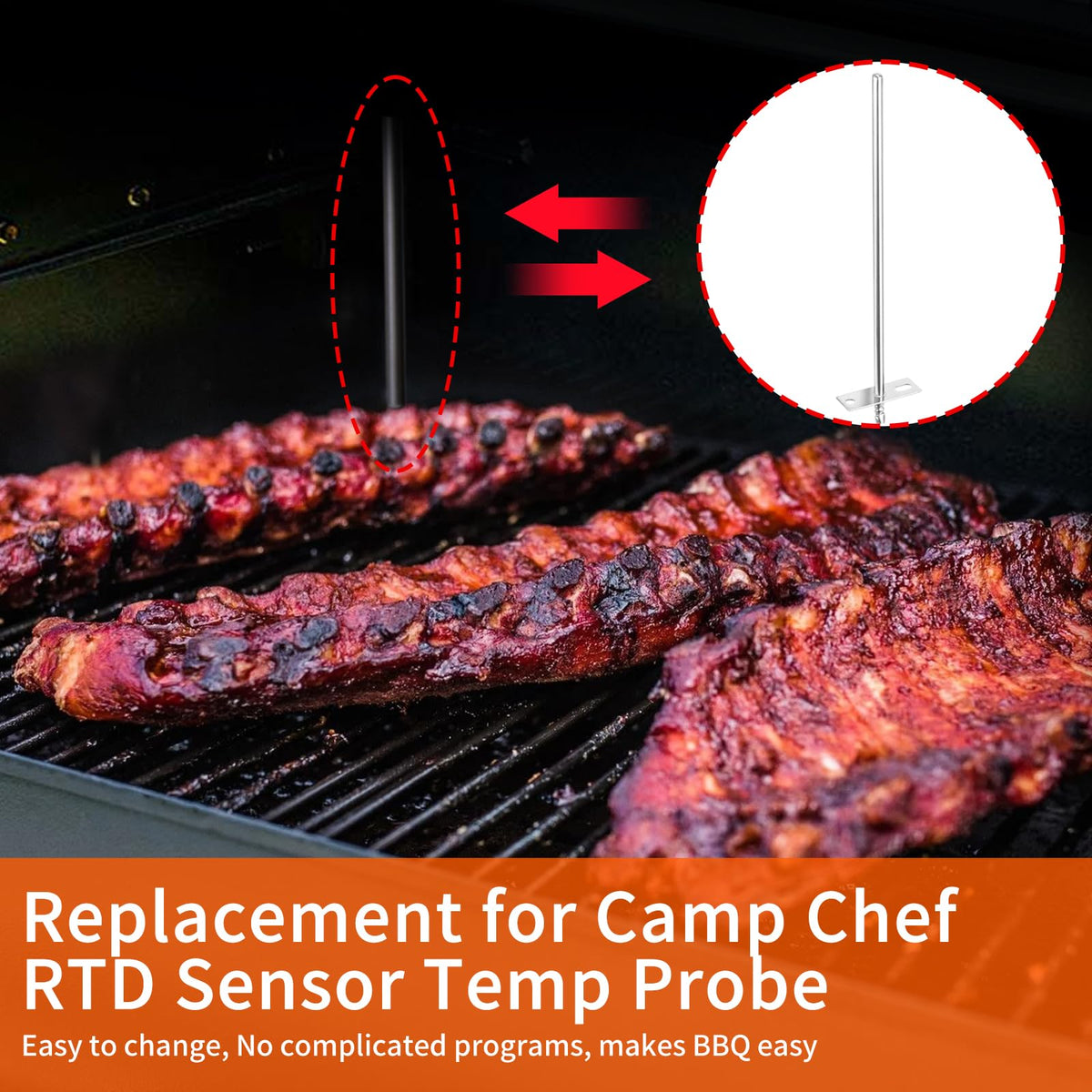 Bezmaksas 6-3/8-inch RTD probe for Camp Chef aids accurate BBQ monitoring.