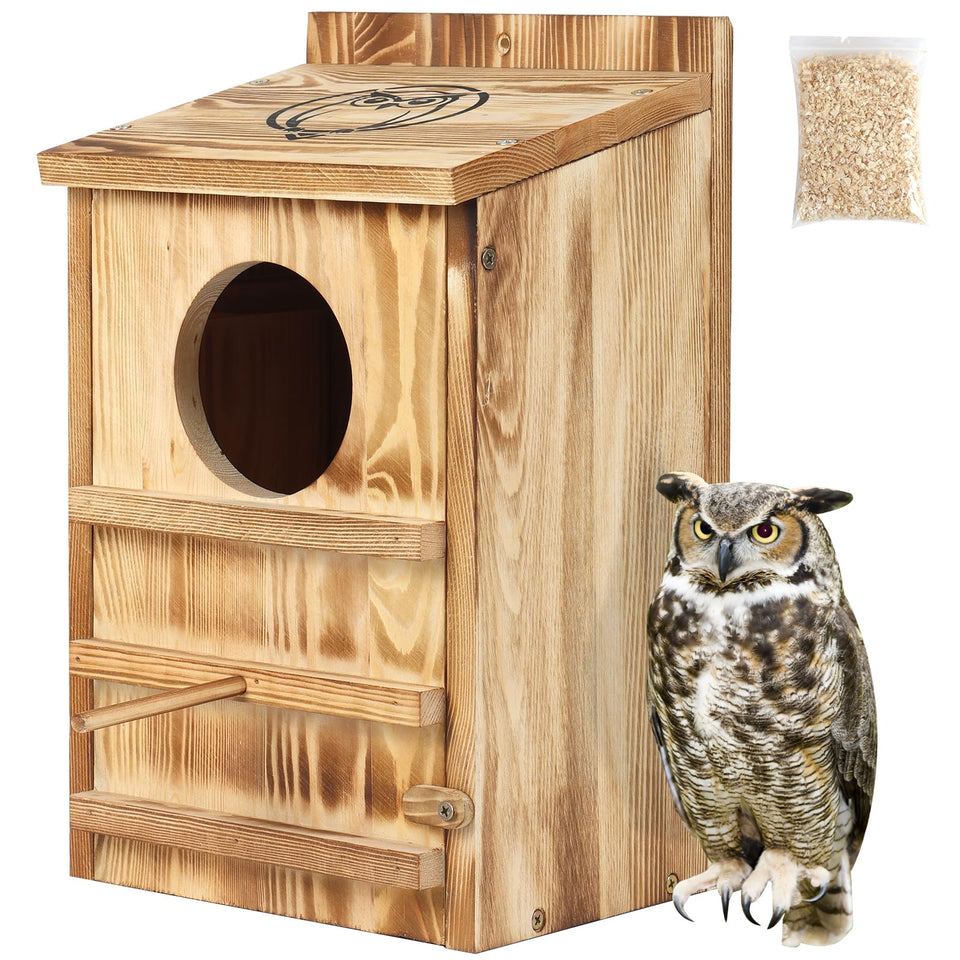 BFAZKXY owl house outdoors with solid pine wood for durable nesting in any season.