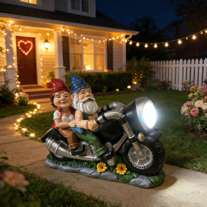 BGBWBFBR cute biker gnome couple statue for outdoor display, enhancing yard ambiance