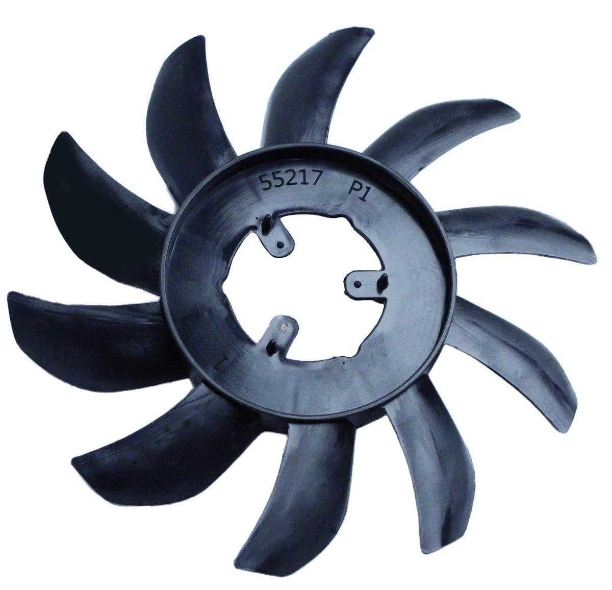 BGD 55217 ten-blade flywheel fan beside a Hustler Raptor for overheating prevention.