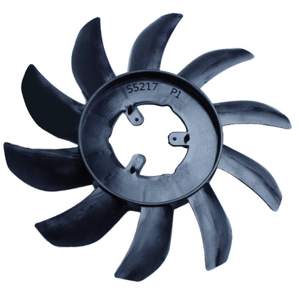 BGD 55217 ten-blade flywheel fan beside a Hustler Raptor for overheating prevention.