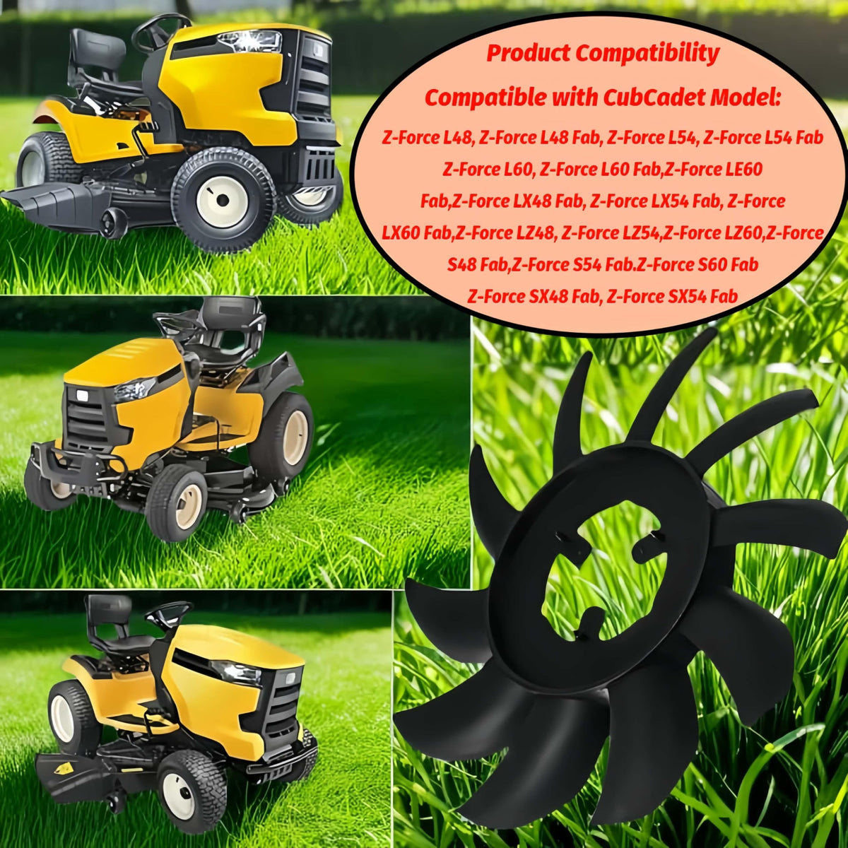 BGD 55217 ten-blade flywheel fan showing alignment with multiple transmissions for easy fit.